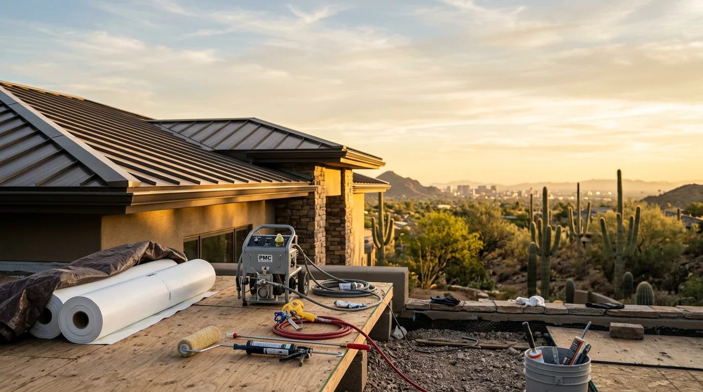 Various roofing materials including metal, TPO, and tile samples