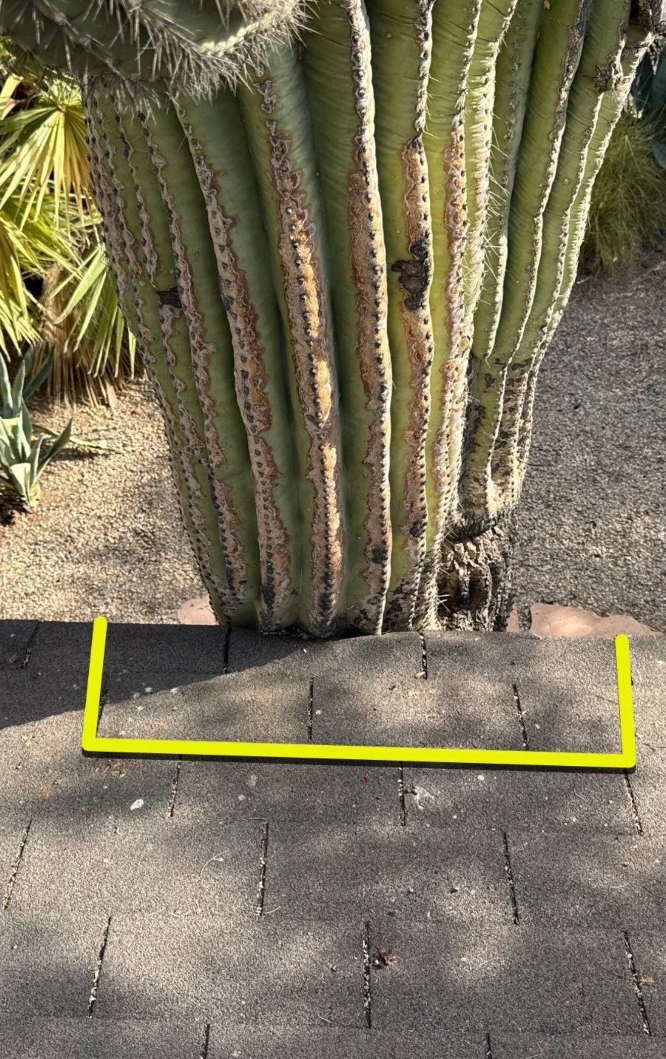 Slate roof tiles in overlapping pattern with mortar joints and yellow measurement guide