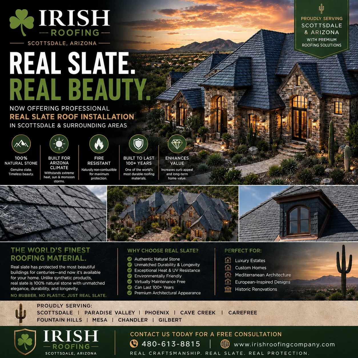 Natural slate roof installation on luxury stone home with multiple peaked sections and dormers