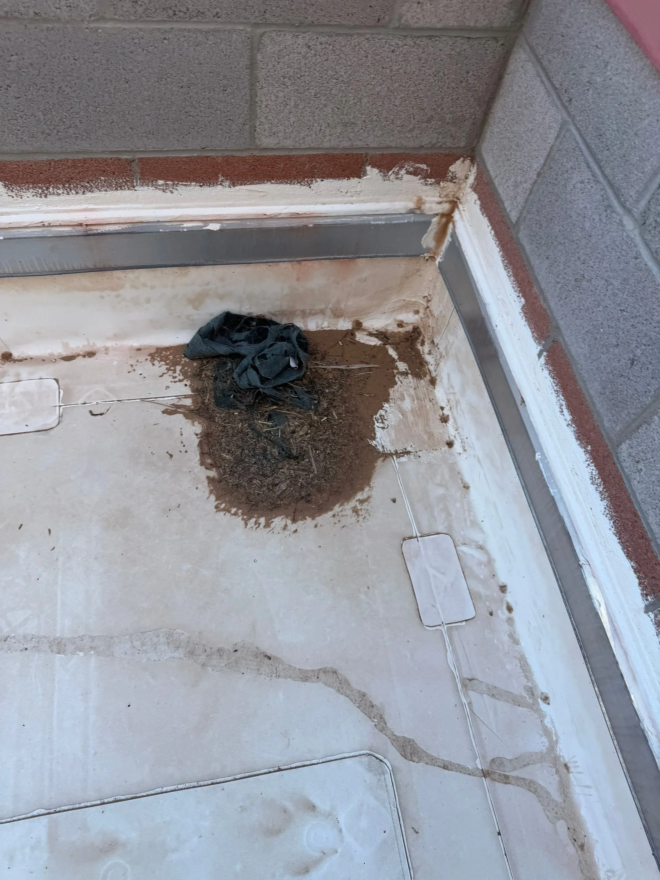 Flat roof surface with debris and dirt cleared, showing white membrane and metal flashing details