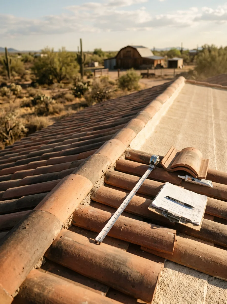A roofing crew inspecting a clay tile and flat foam hybrid roof on a Cave Creek custom desert estate, with a barn structure visible in the background on the large lot.