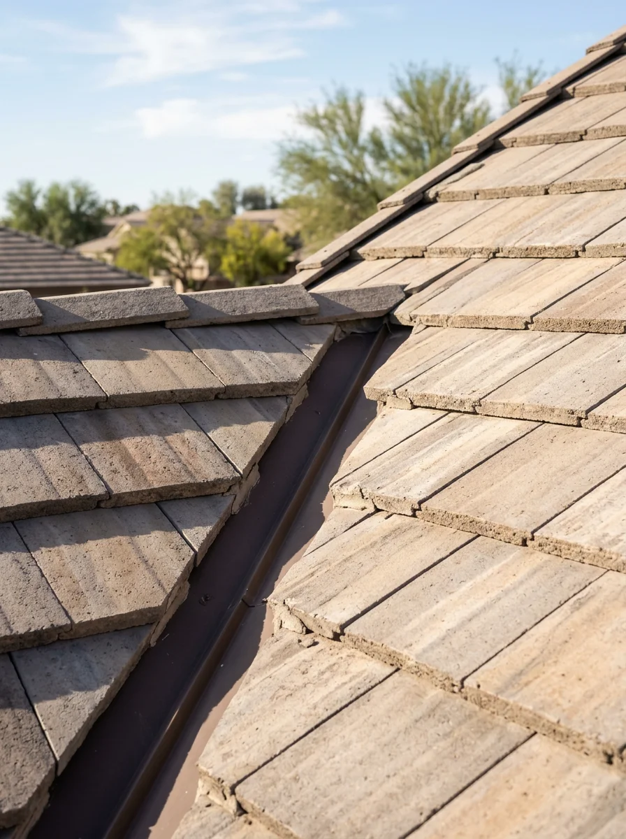 Close-up of a concrete tile roof on a Chandler home showing a valley flashing detail and the south-facing slope that takes the most UV exposure in the Southeast Valley.