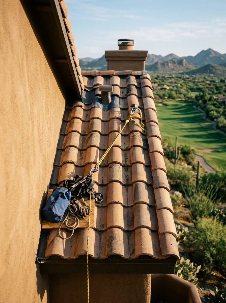A roofing crew working on a steep clay tile section of a Fountain Hills home built into a hillside lot, with desert vegetation and a golf course fairway visible below.