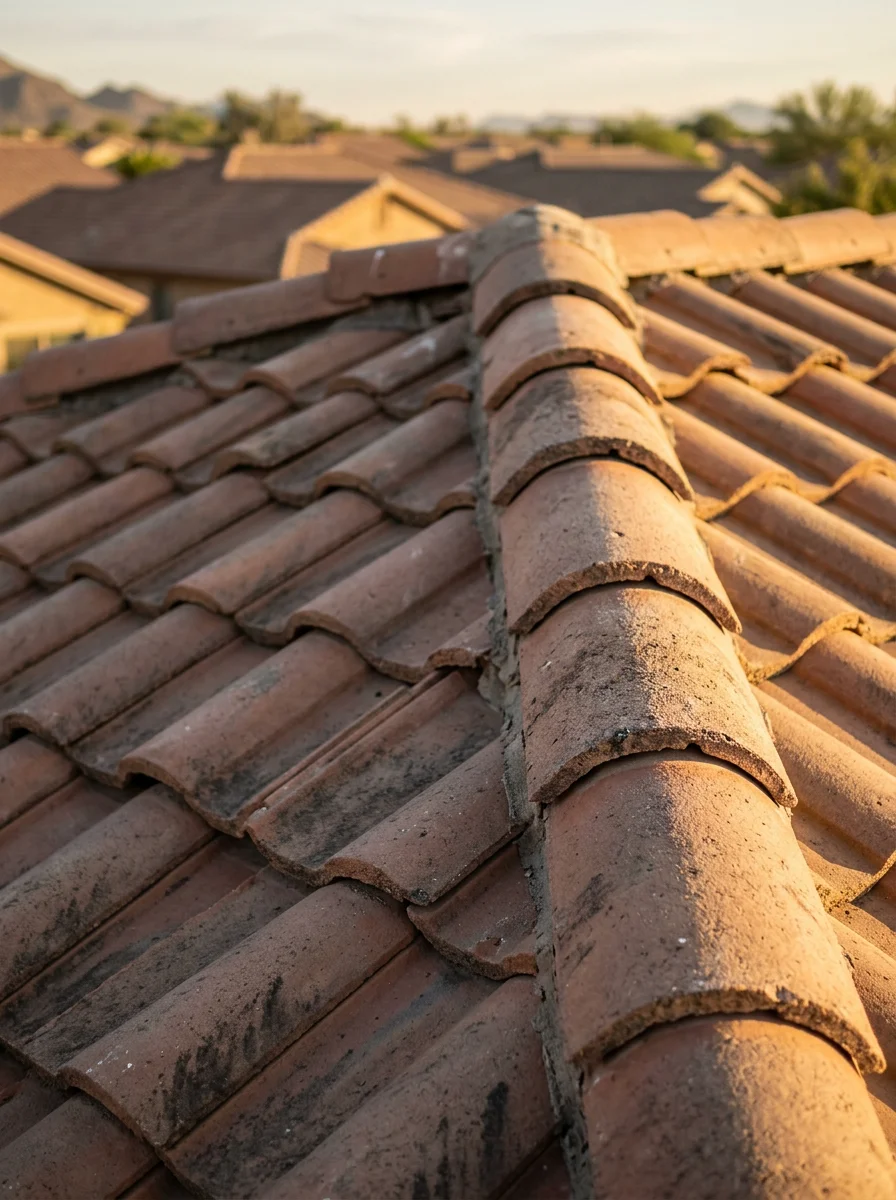 Close-up of a concrete tile roof on a Gilbert home in a master-planned community showing a south-facing slope with UV-degraded tiles and a ridge cap section being inspected.