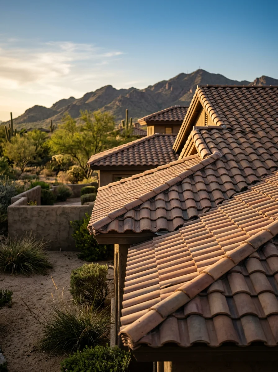 A tile roof on a Las Sendas golf-community home in Mesa with the Usery Mountains and Tonto National Forest terrain visible in the background, showing the complex multi-pitch profile common in this neighborhood.