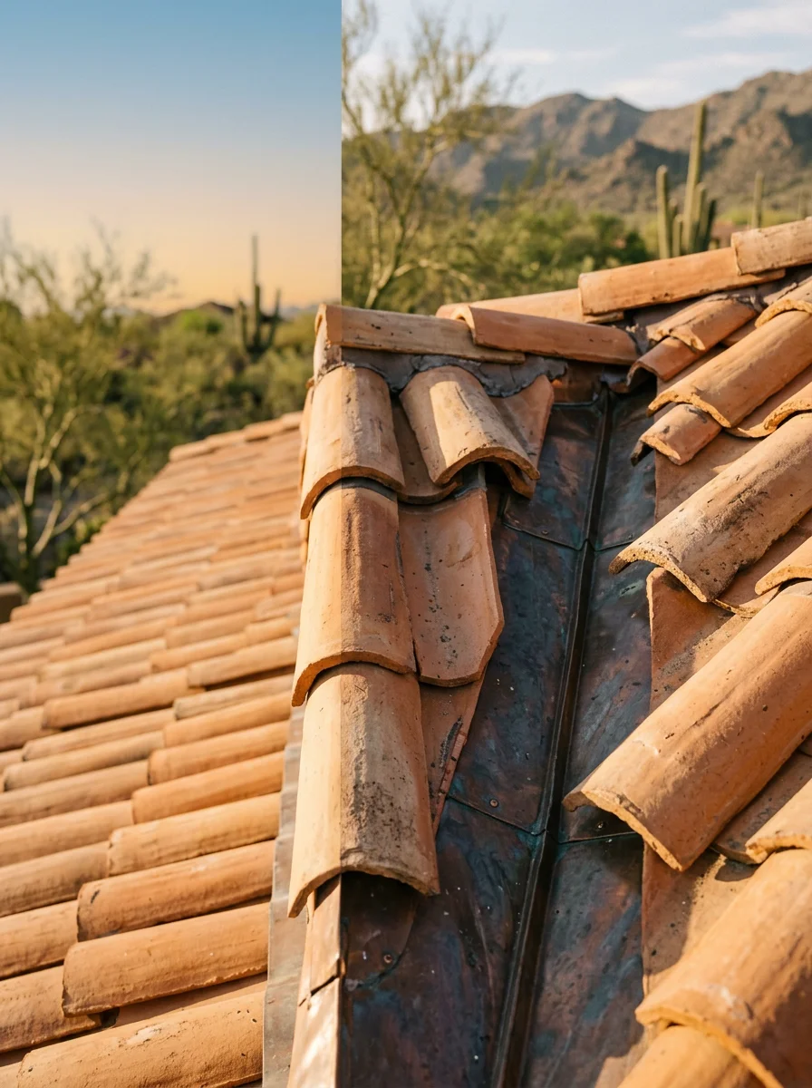 Close-up of a clay tile roof section on a Paradise Valley custom home showing the multi-plane hip returns and flashing detail at a valley junction.