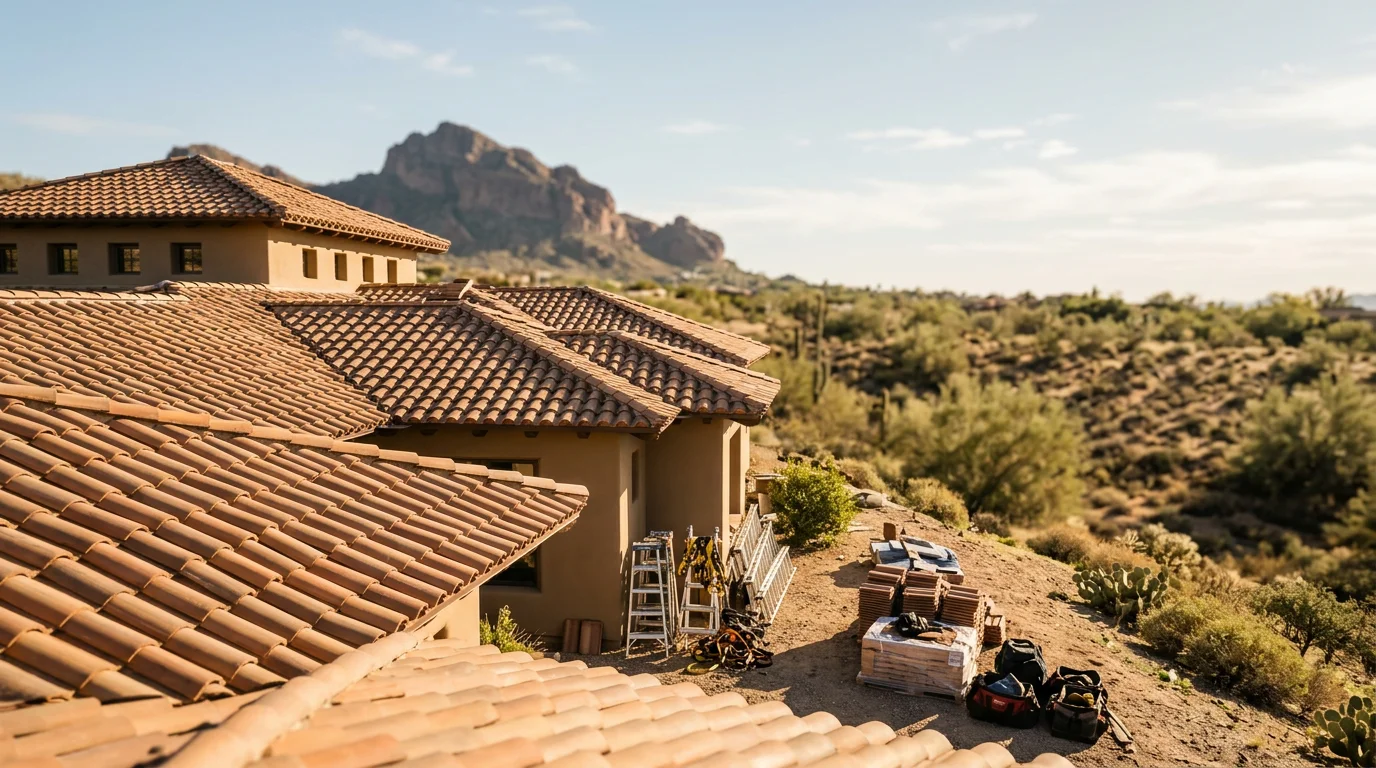 A large multi-pitch clay tile roof on a Paradise Valley estate home, with Camelback Mountain visible in the background and a roofing crew staging equipment on the hillside lot.