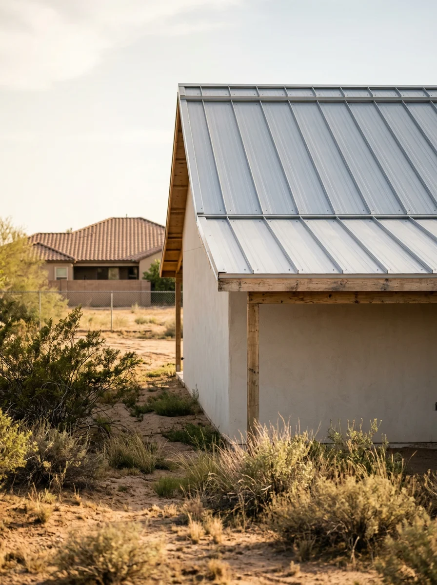 A metal roof on a Queen Creek acreage property outbuilding with open desert terrain and a tile-roofed primary residence visible in the background on a large lot.