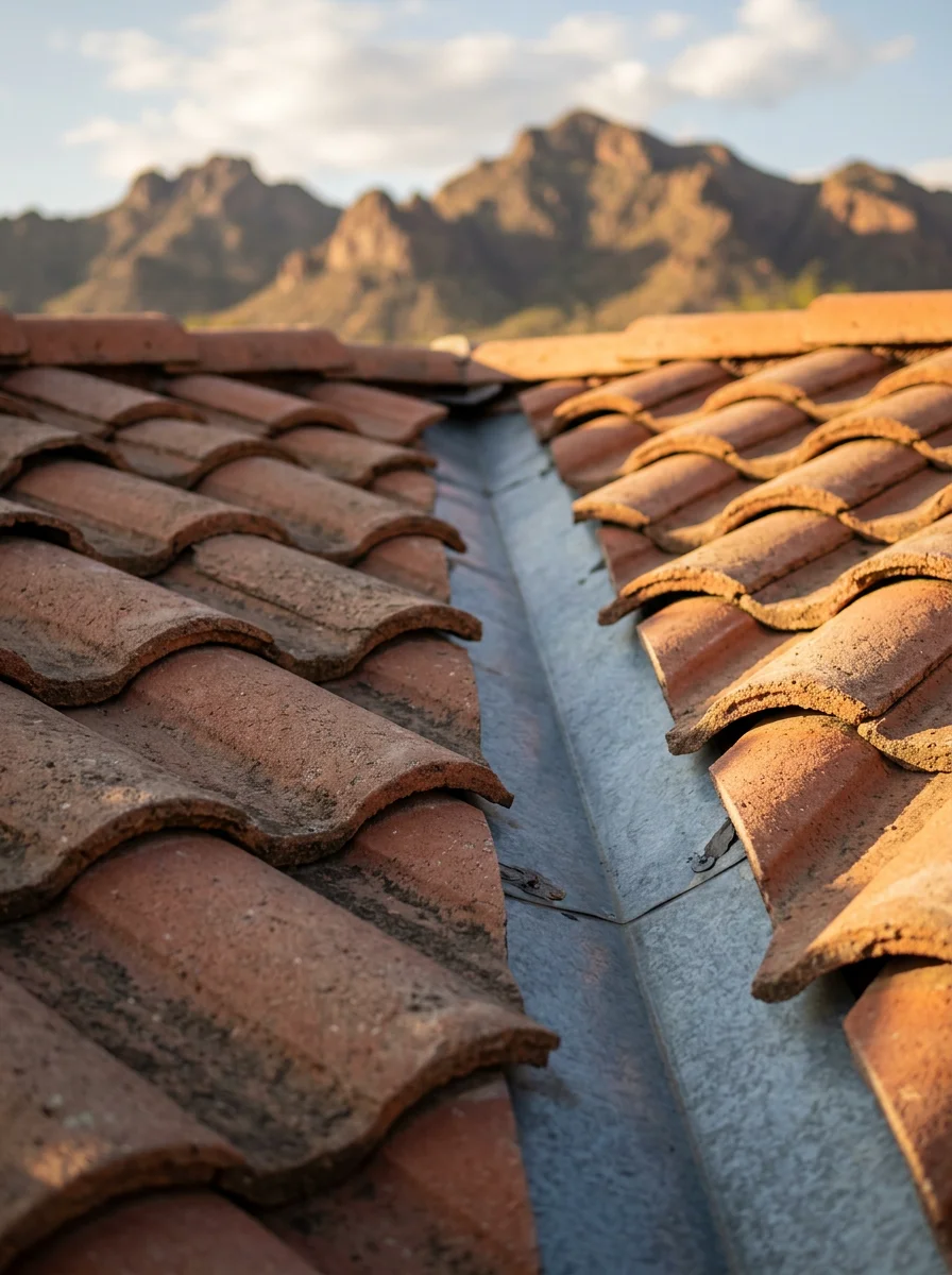 Close-up of a concrete tile roof on a Scottsdale home showing a valley flashing detail and the desert landscape of the McDowell Mountains in the distance.