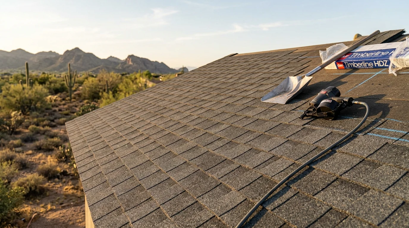 Close-up view of a 3 tab asphalt shingle roof on a residential home in Paradise Valley, Arizona, showing the uniform flat tab layout and granule surface under bright desert sunlight.