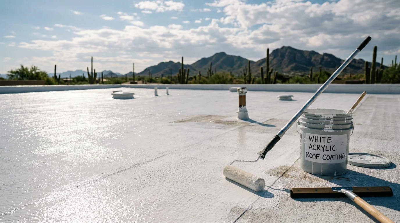A Paradise Valley residential roof with a freshly applied white acrylic coating reflecting the Arizona sun on a flat low-slope surface. The seamless finish covers the full roof deck with no visible cracks or gaps.