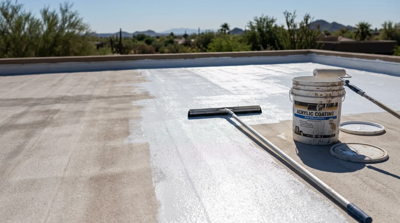 A flat residential roof in Paradise Valley, Arizona with a freshly applied white acrylic coating reflecting bright desert sunlight. The coating covers the full surface evenly, showing a clean, sealed finish typical of low-slope roofs in the area.