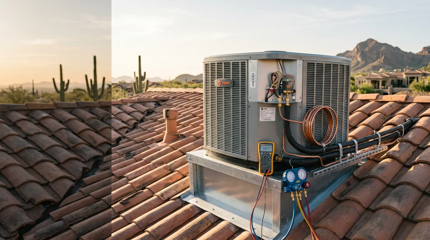 A residential air conditioning system unit installed at a home in Paradise Valley, Arizona, with desert landscaping visible in the background. The unit sits in a shaded side-yard area typical of upscale Phoenix-area properties.
