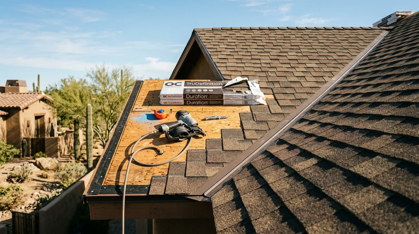Architectural laminated shingles installed on a pitched roofline of a custom home in Paradise Valley, Arizona, showing dimensional layered texture under bright desert sunlight. Close view of the multi-layer shingle surface with tight flashing detail at a roof transition.