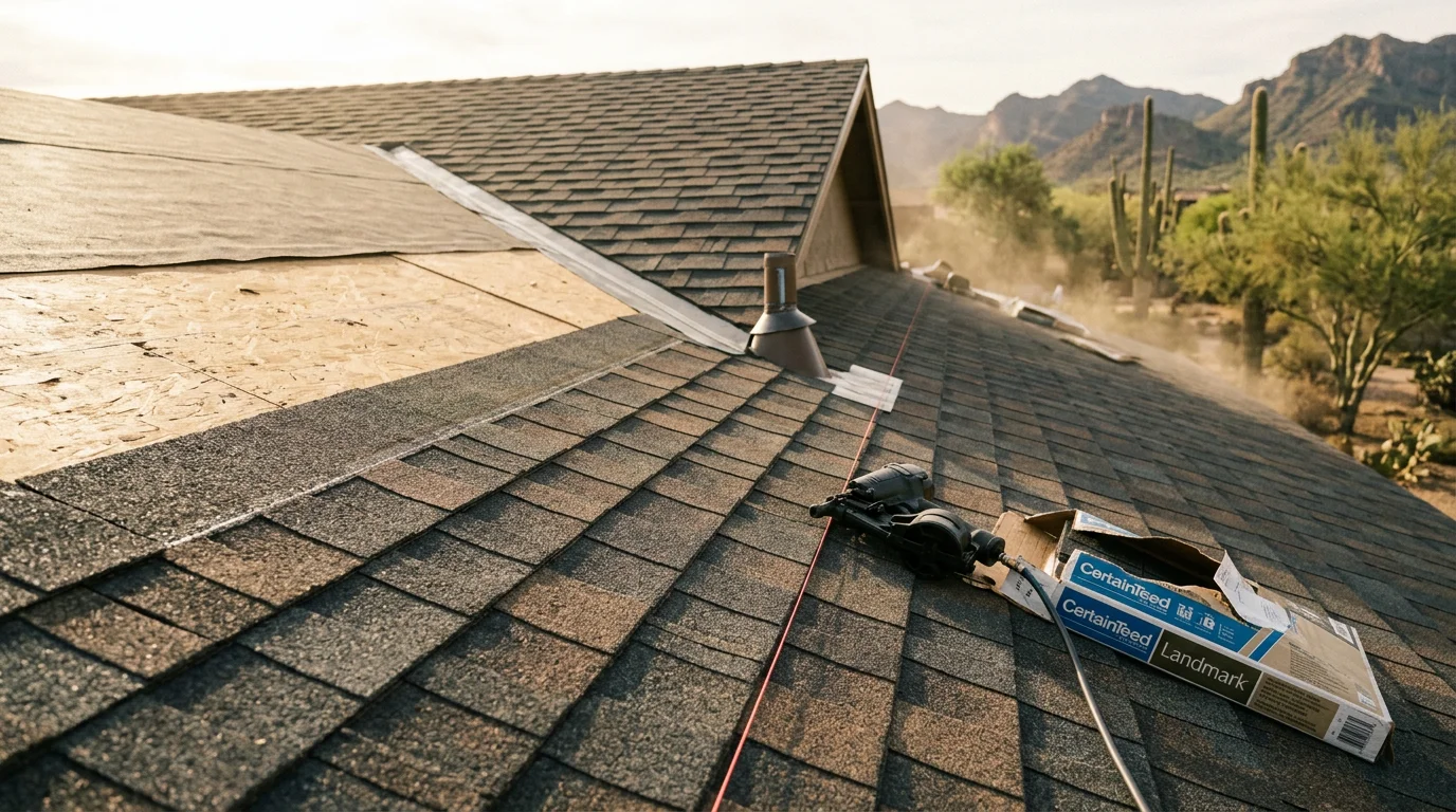 Newly installed architectural shingles on a pitched roof section of a Paradise Valley home, showing dimensional shadow lines and clean ridge detail. Irish Roofing Company completed the full tear-off and installation in the Arizona desert setting.