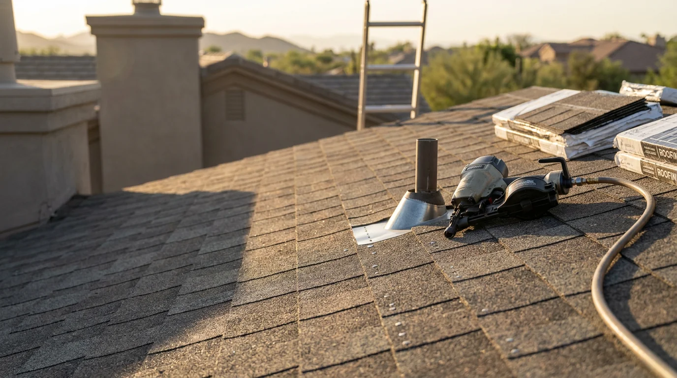 Newly installed asphalt shingle roof on a residential home in Paradise Valley, Arizona, with clean ridge lines and finished flashing visible against a clear desert sky. Close-up view shows uniform shingle coursing and sealed roof edges ready for Arizona monsoon season.