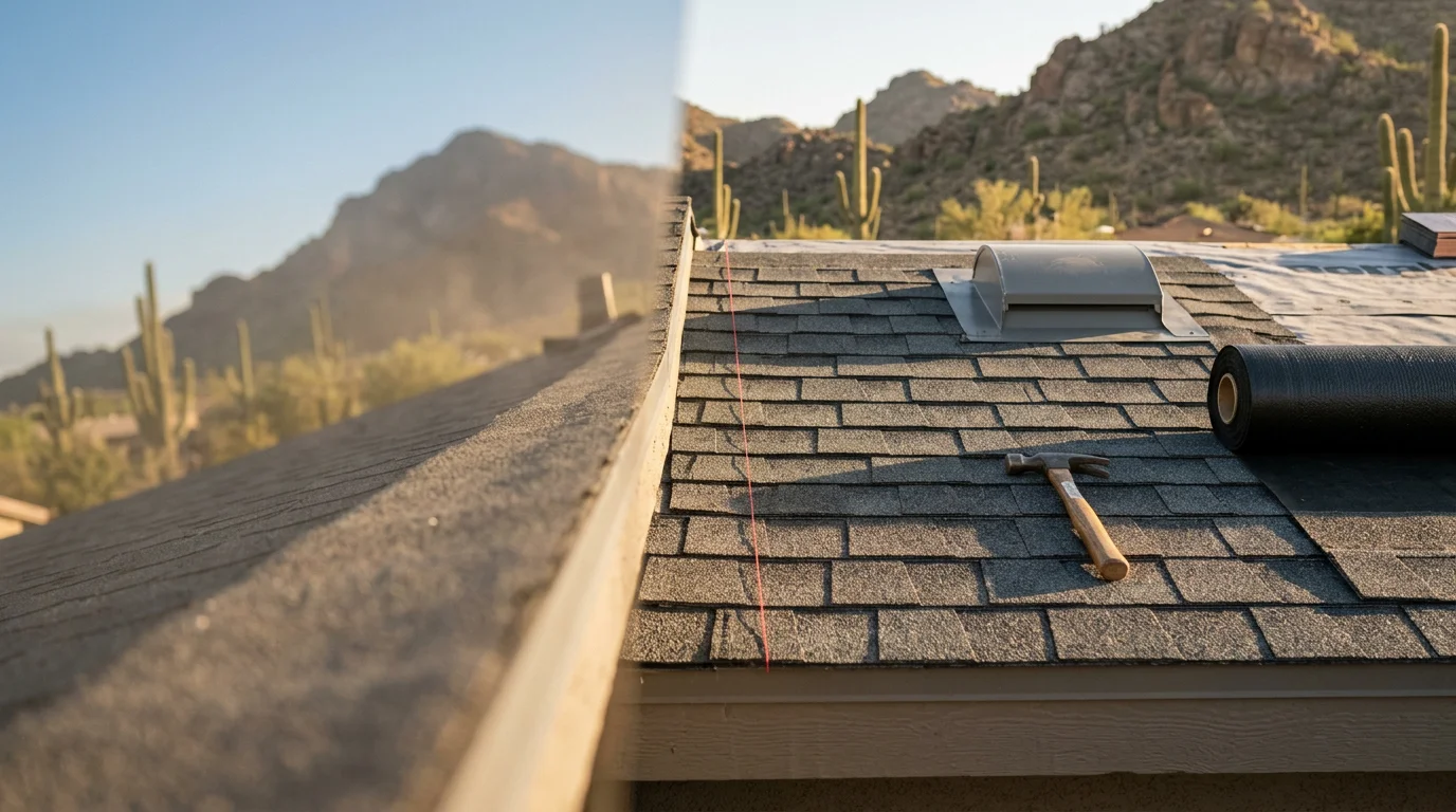 Freshly installed asphalt shingle roof on a residential home in Paradise Valley, Arizona, showing clean ridge lines and uniform shingle coursing under clear desert sky. Close-up view highlights the layered shingle surface and properly sealed roof edge typical of Arizona residential roofing work.