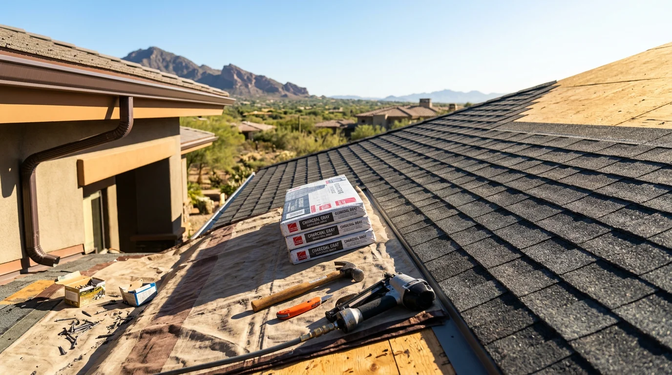 Newly installed asphalt shingles on a steep-slope residential roof in Paradise Valley, Arizona, with the desert landscape visible in the background. Close-up view shows clean shingle alignment and flashing detail along the roofline.