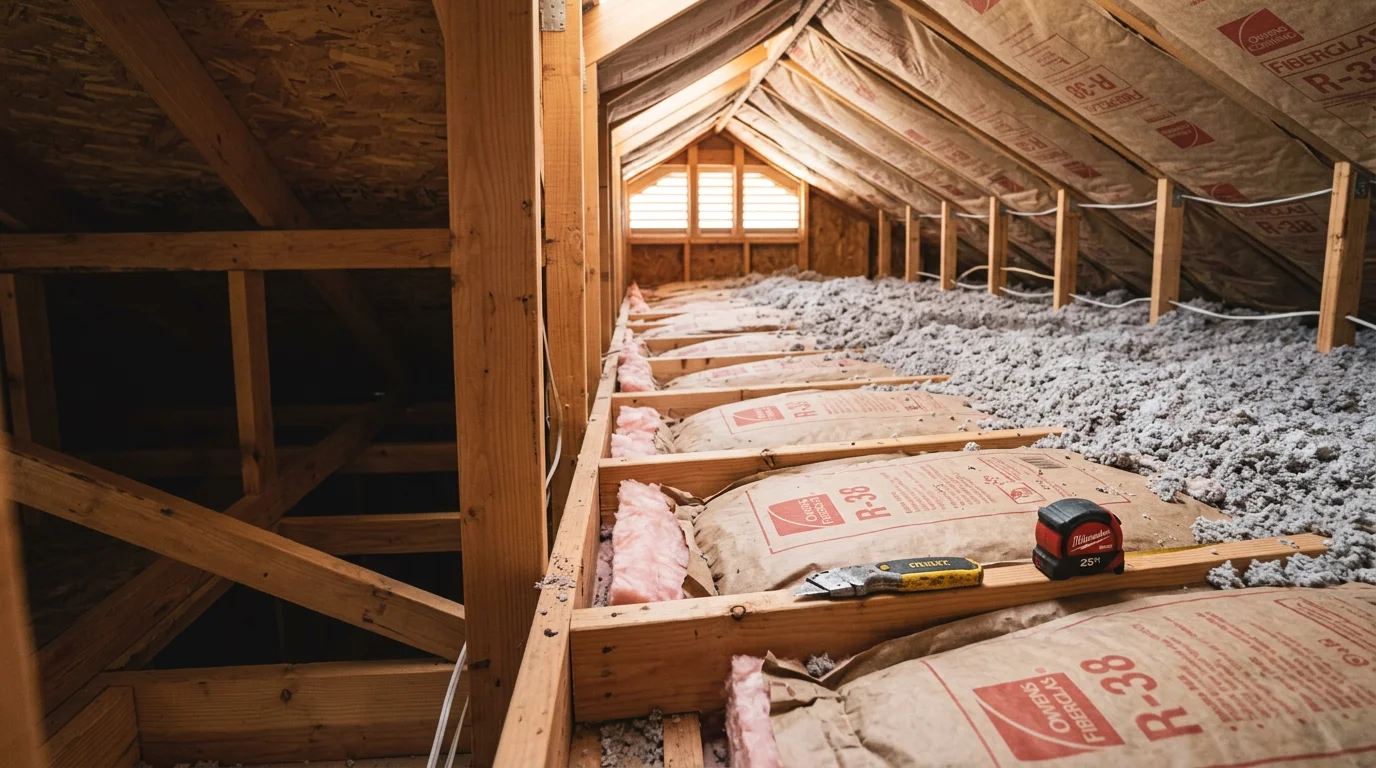 A Paradise Valley home attic showing freshly installed blown-in insulation covering the ceiling joists, with the large roofline structure visible above in the desert heat context. Close-up view of even insulation depth across the attic floor with air sealing applied around ceiling penetrations.