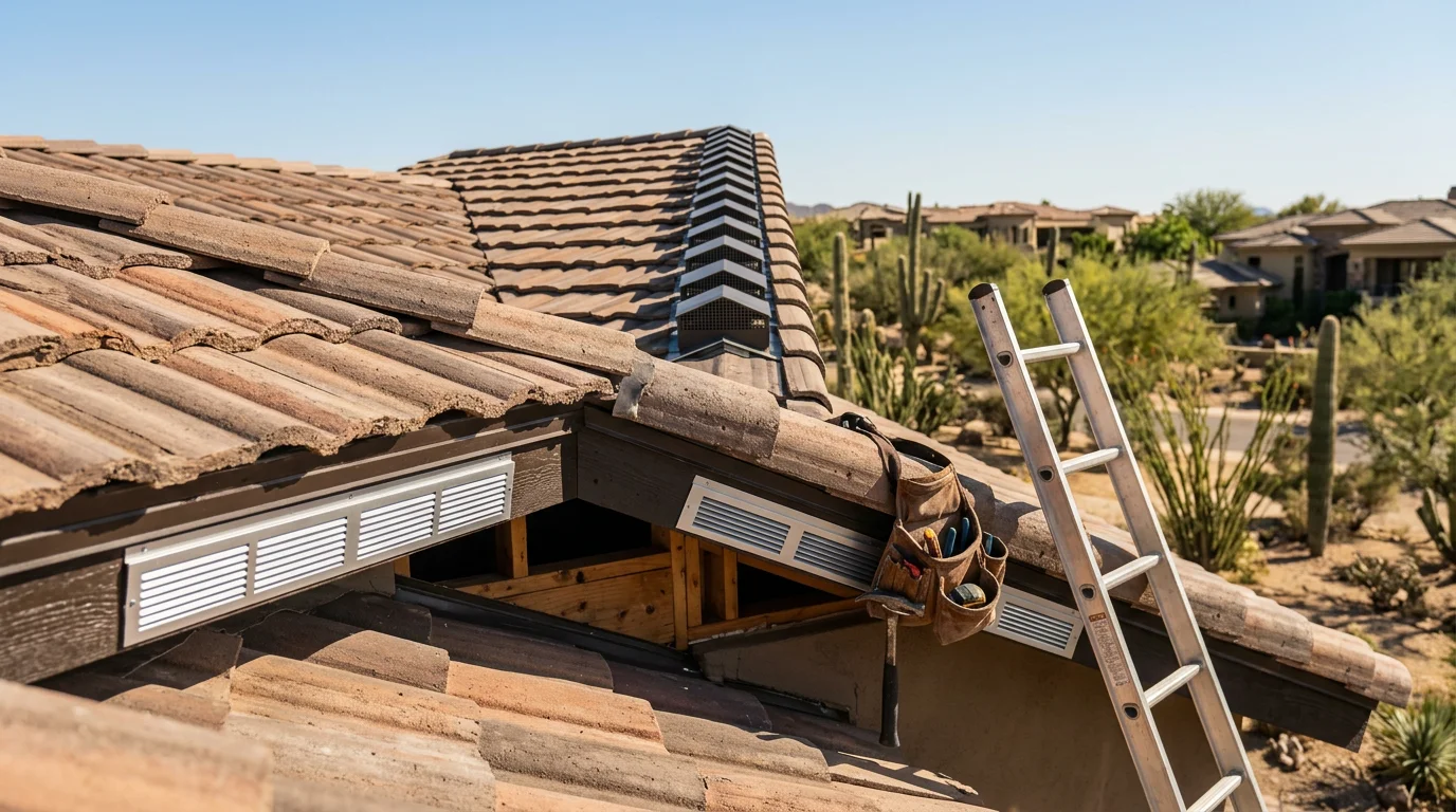 A roofing contractor installing ridge and soffit vents on a tile roof in Paradise Valley, Arizona, with desert landscaping visible in the background. The image shows the completed vent placement along the roofline of a single-story residential home.