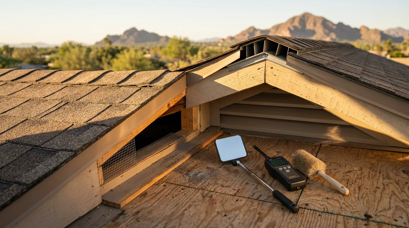A roofing contractor inspecting a ridge vent and soffit vents on a residential roof in Paradise Valley, Arizona. The image shows the repair area on a sun-exposed roof with desert landscaping visible in the background.