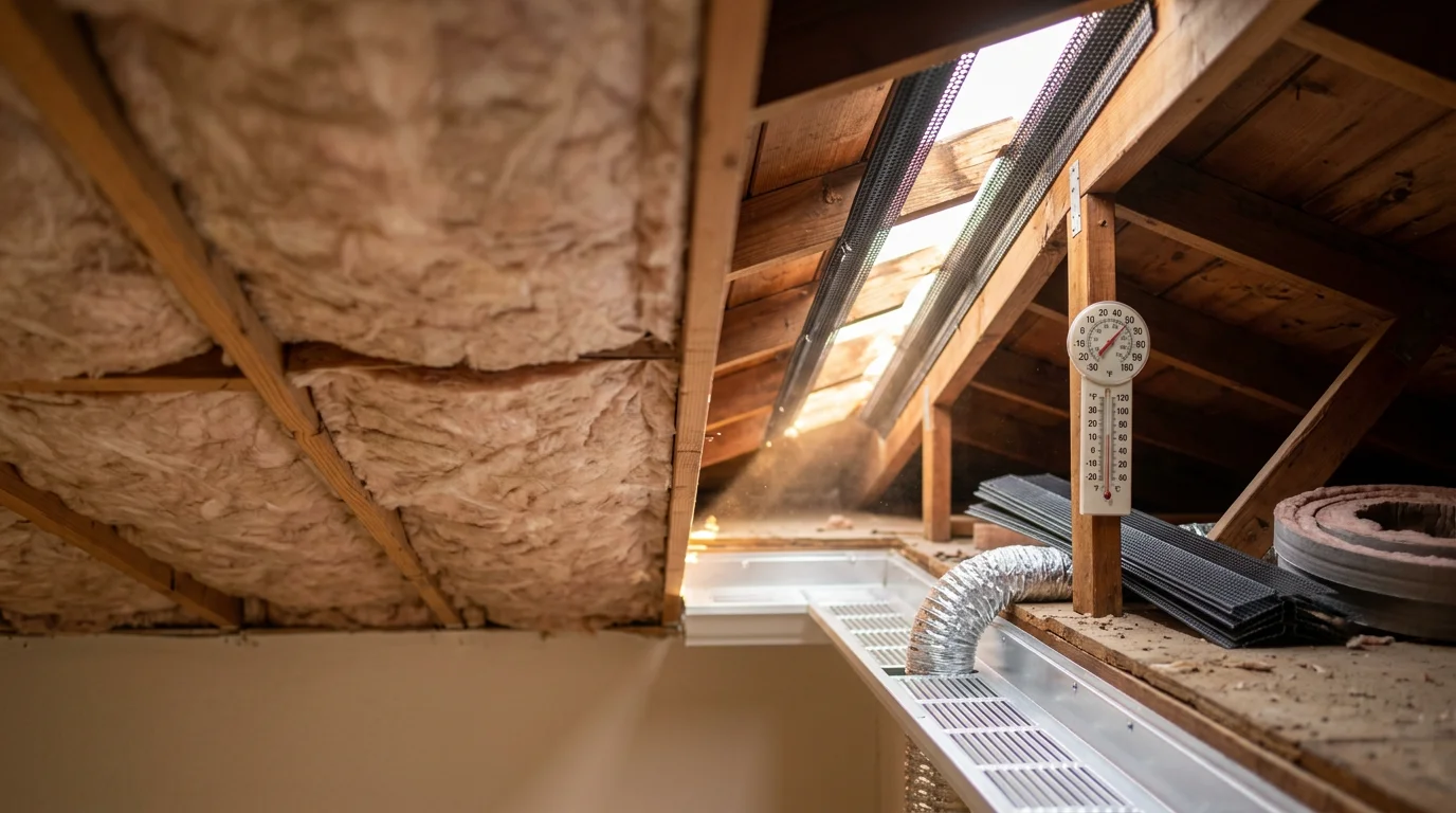 A roofing contractor inspecting ridge vents and soffit intake vents on a residential home in Paradise Valley, Arizona. The image shows the attic venting system installed along the roofline of a desert home under clear blue sky.