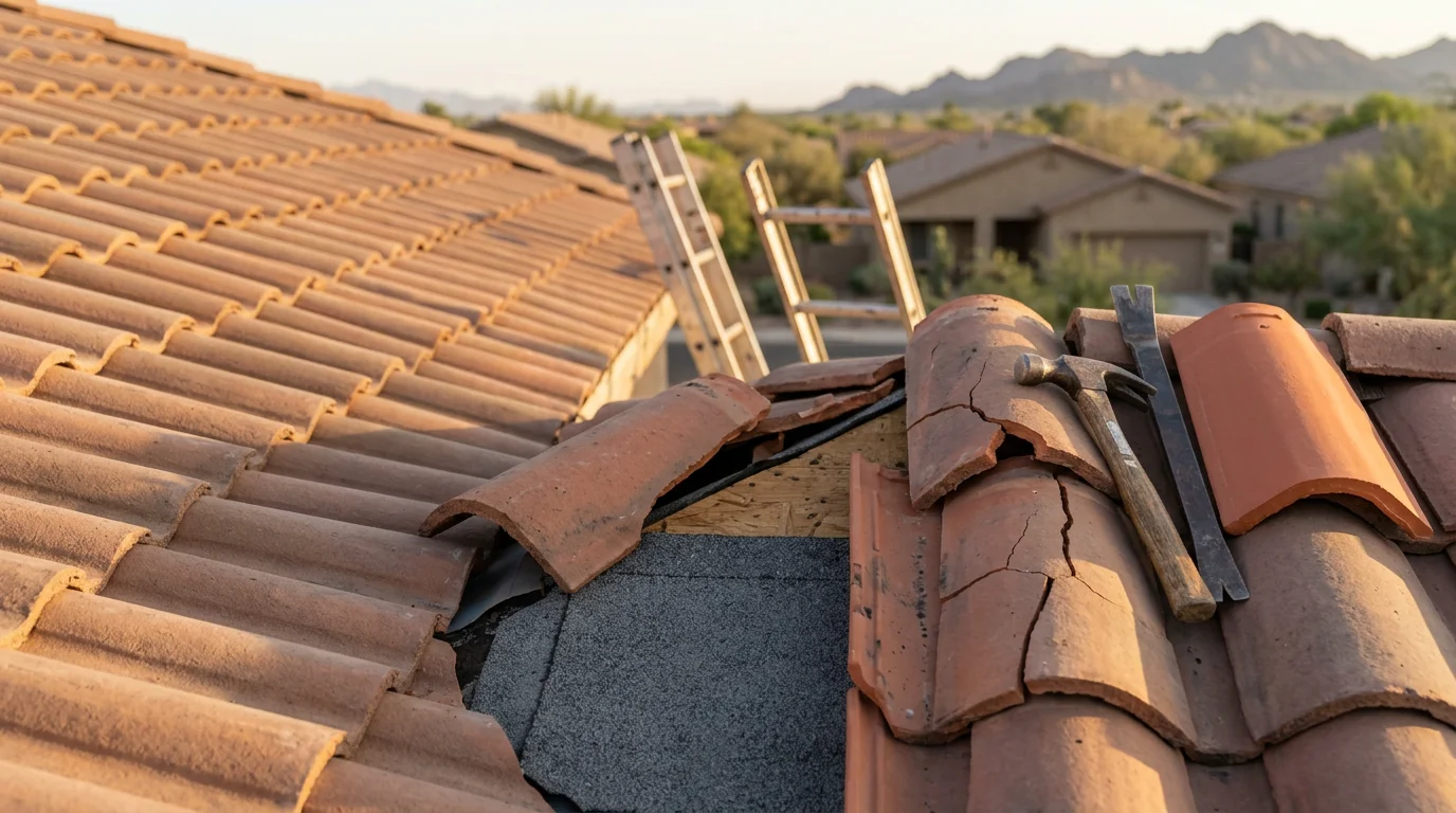 Close-up view of cracked and displaced clay roof tiles on a Paradise Valley home, showing exposed underlayment beneath the damaged tile field. A roofing contractor inspects the break point against a backdrop of desert landscape and clear Arizona sky.