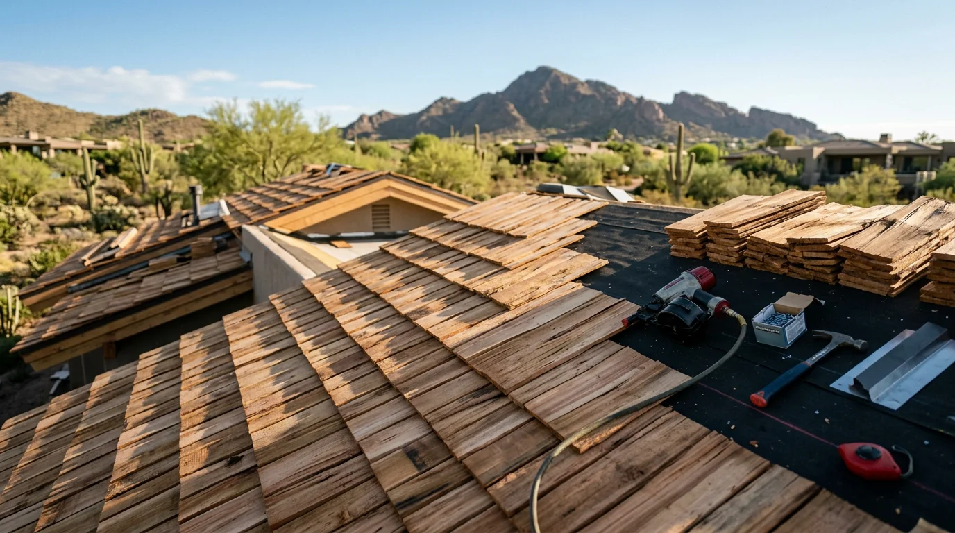 A Paradise Valley custom home with a cedar shake roof showing natural wood texture and shadow lines across a pitched slope. Close view of hand-split cedar shakes installed with tight overlapping courses against a clear Arizona sky.
