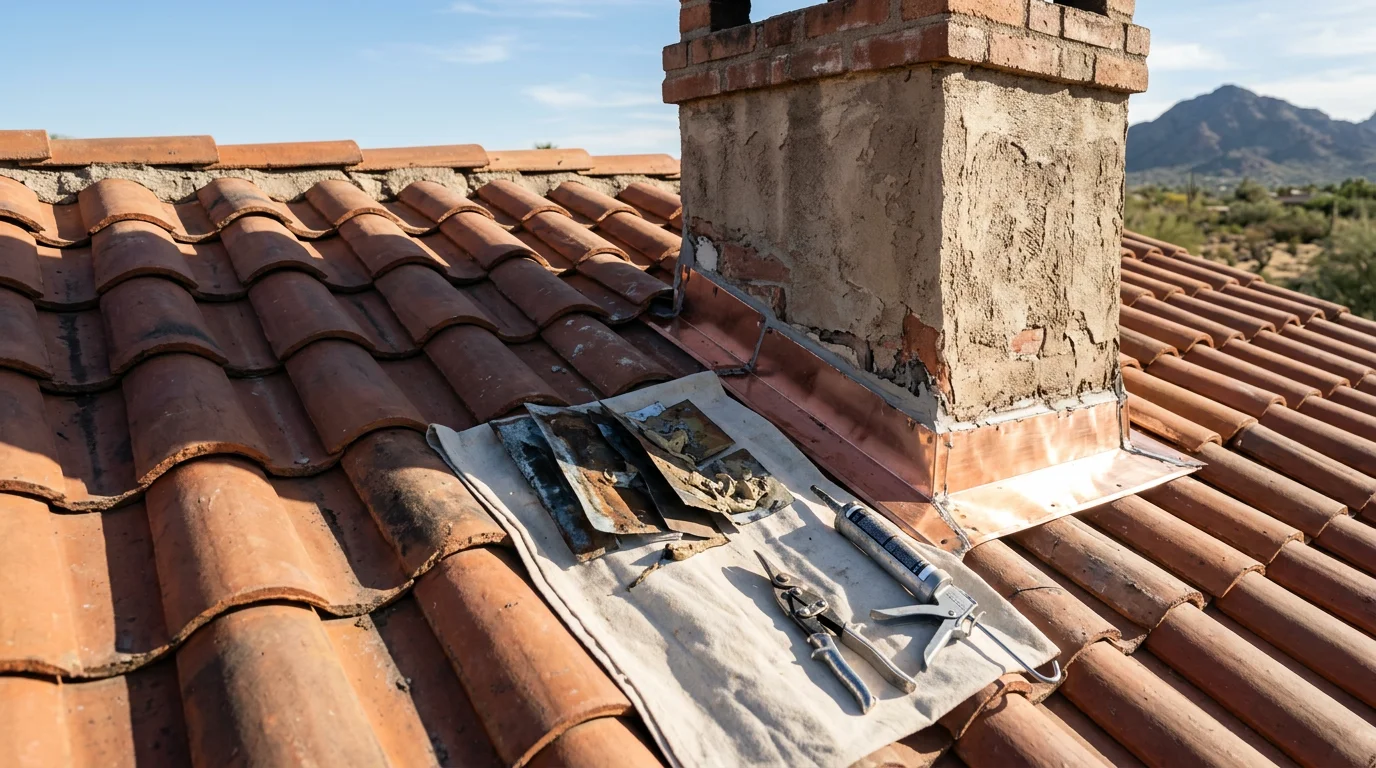 A roofing contractor inspecting and reseating metal chimney flashing at the base of a masonry chimney on a clay tile roof in Paradise Valley, Arizona. The image shows the step flashing and counter-flashing connection along the chimney's roofline under clear desert sunlight.