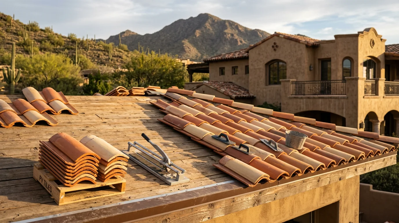 A clay tile roof on a custom Paradise Valley home with a stucco exterior, showing the curved terracotta tile profile against a clear Arizona desert sky. The roof slopes meet cleanly at the ridge with no visible damage or debris.