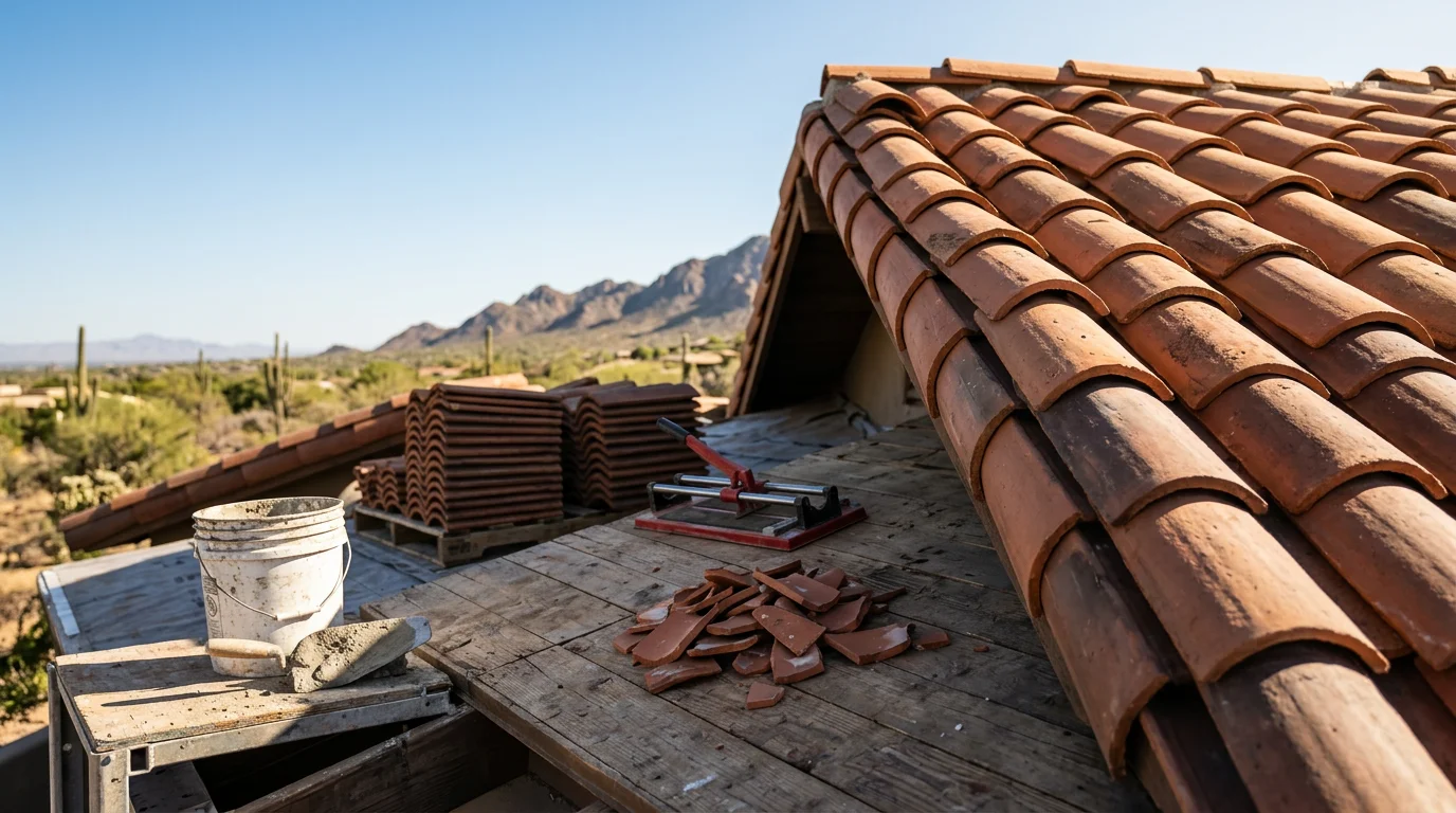 Clay tile roof on a residential home in Paradise Valley, Arizona, showing the curved tile profile and warm terracotta color against a clear desert sky. Close-up view highlights the tile layout and roof edge detail on a single-story estate-style property.