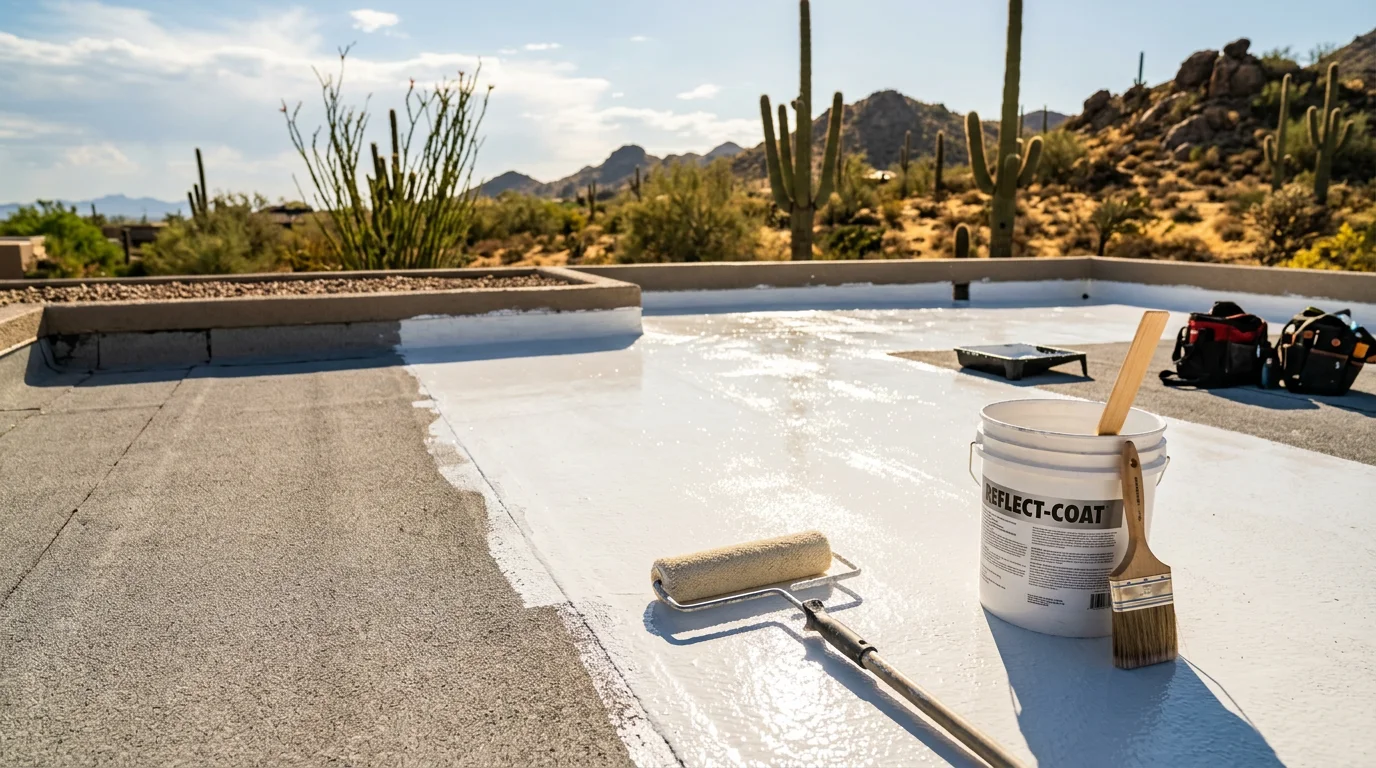 A freshly coated flat roof on a Paradise Valley residential property, showing a smooth, light-colored waterproof surface under clear Arizona sky. A roofing professional from Irish Roofing Company applies the coating evenly across the low-slope section above a patio area.