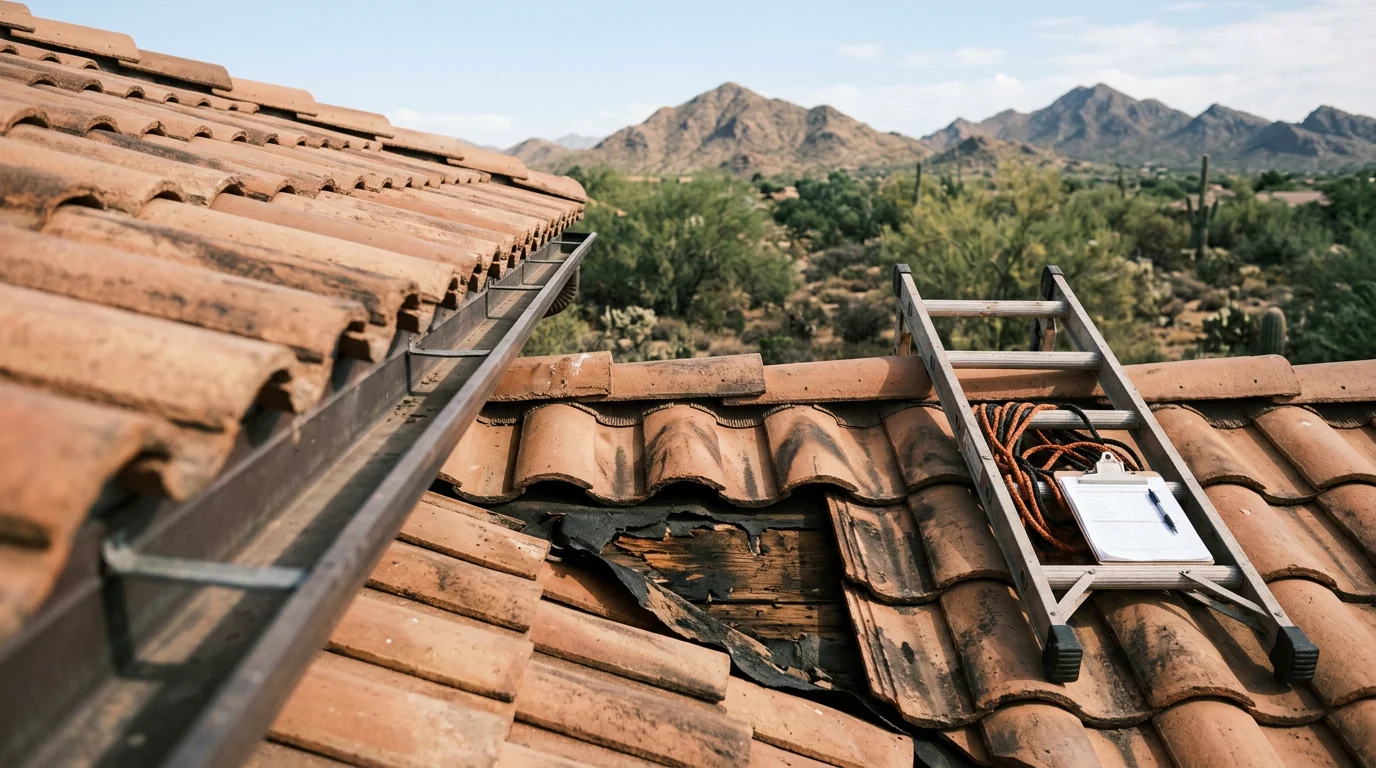 A residential tile roof and a commercial flat roof side by side on properties in Paradise Valley, Arizona, showing the contrast between pitched tile systems and low-slope roofing under clear desert sky.