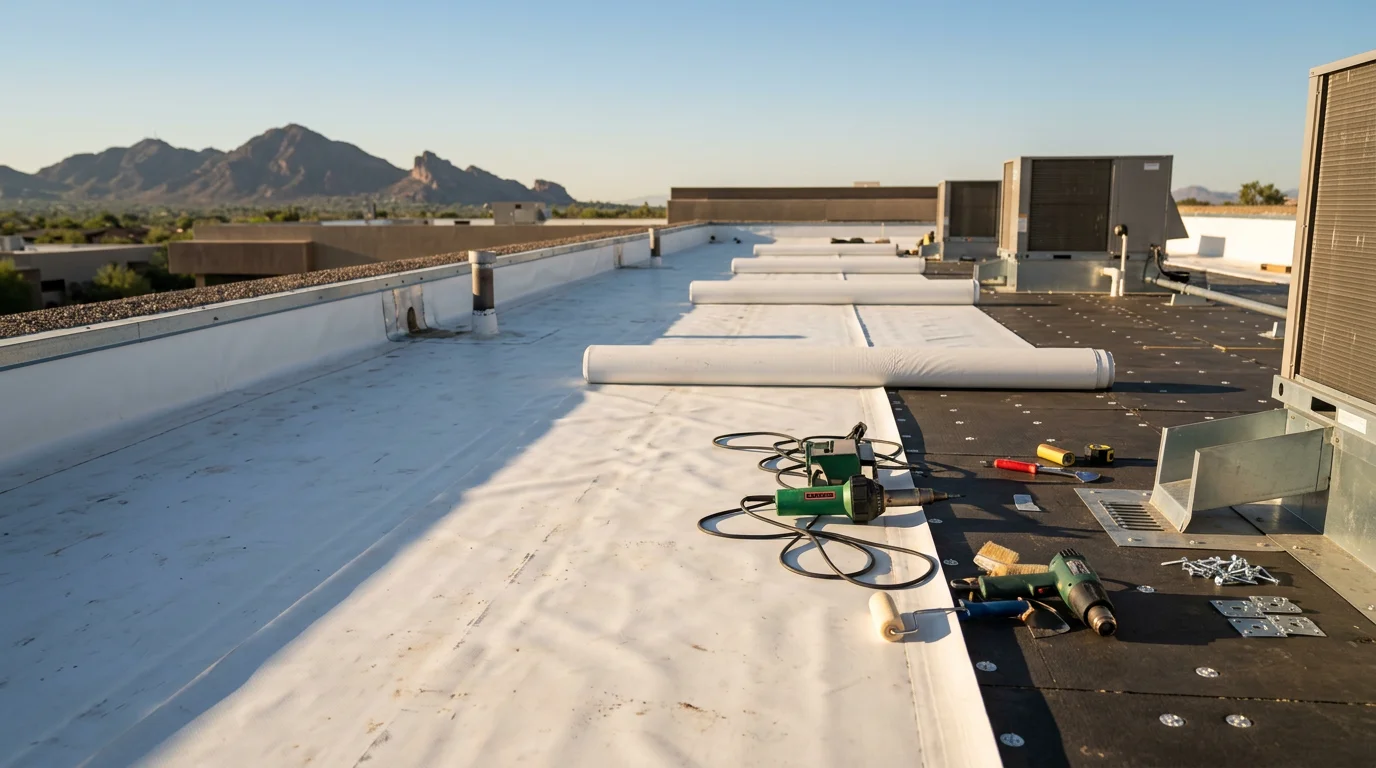 A completed commercial flat roof installation on a low-slope building in Paradise Valley, Arizona, showing clean membrane seams, flashed HVAC penetrations, and a reflective roofing surface under clear desert sky.