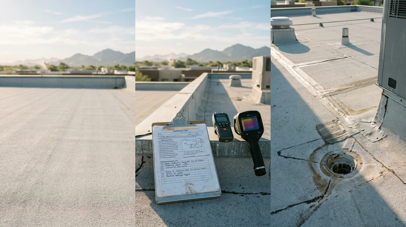A commercial flat roof on a Paradise Valley, Arizona property showing a completed maintenance review with clear drains and inspected flashing seams. Irish Roofing Company crew assessing low-slope roof surface conditions under bright Arizona sun.