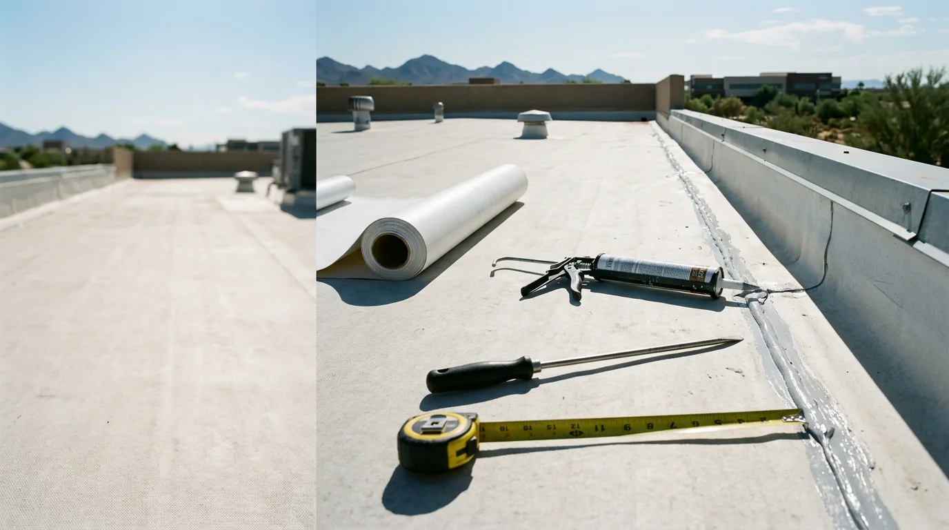 A commercial flat roof in Paradise Valley, Arizona showing a completed repair to flashing and membrane seams on a low-slope rooftop. The surrounding desert landscape and clear Arizona sky are visible in the background.