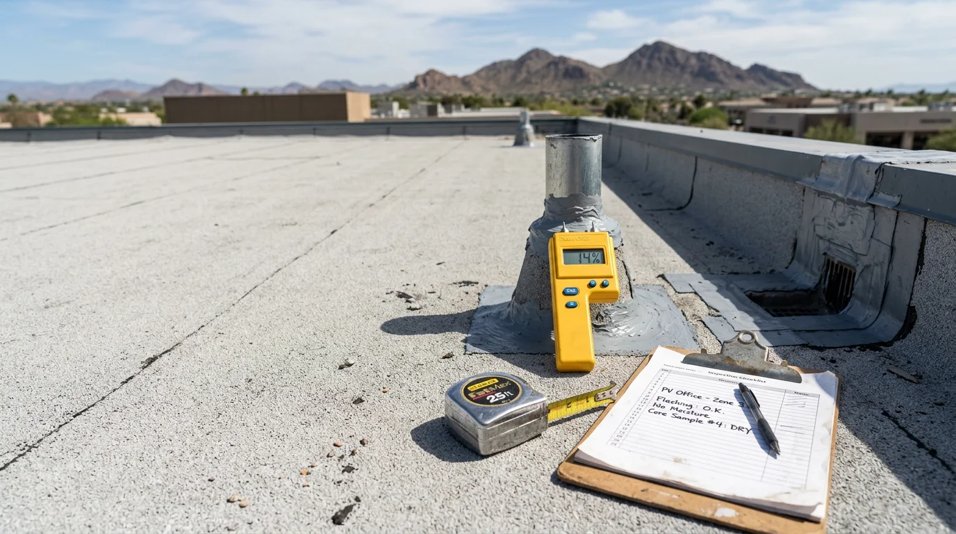A commercial flat roof on a low-rise business building in Paradise Valley, Arizona, showing a recently serviced membrane surface under clear desert sky. A roofing technician inspects flashing and drainage points along the roofline.