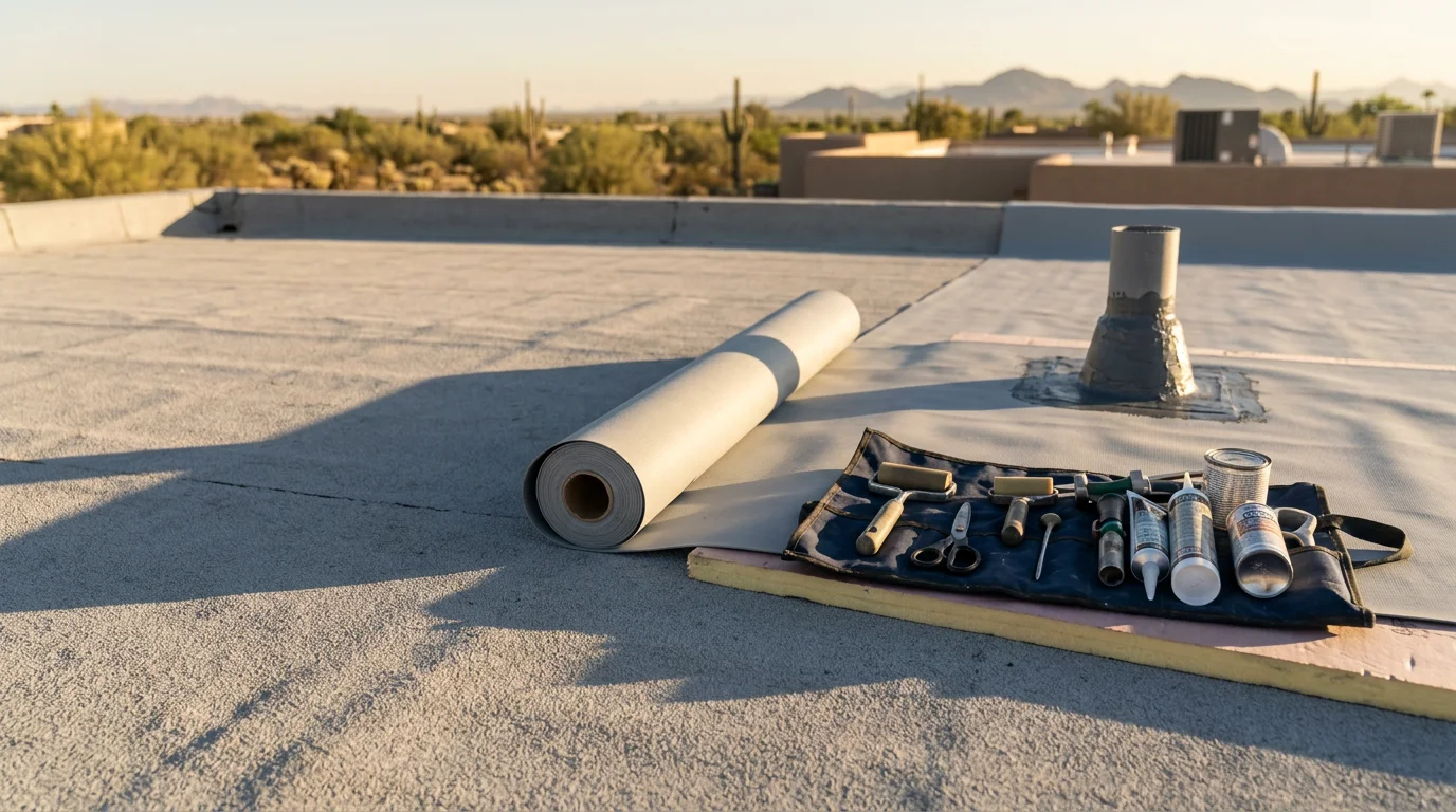 A commercial flat roof on a low-rise building in Paradise Valley, Arizona showing a completed roofing inspection with clear drainage channels and sealed membrane seams under bright desert sunlight.