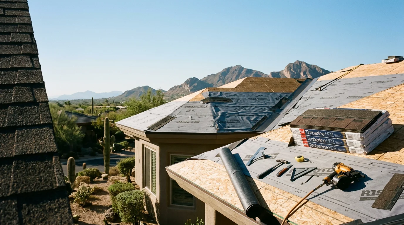 A completed residential roof replacement on a Paradise Valley home showing fresh tile installation across a multi-hip roof layout under clear Arizona sky. Close-up view of new underlayment and ridge detail on a desert-area property.