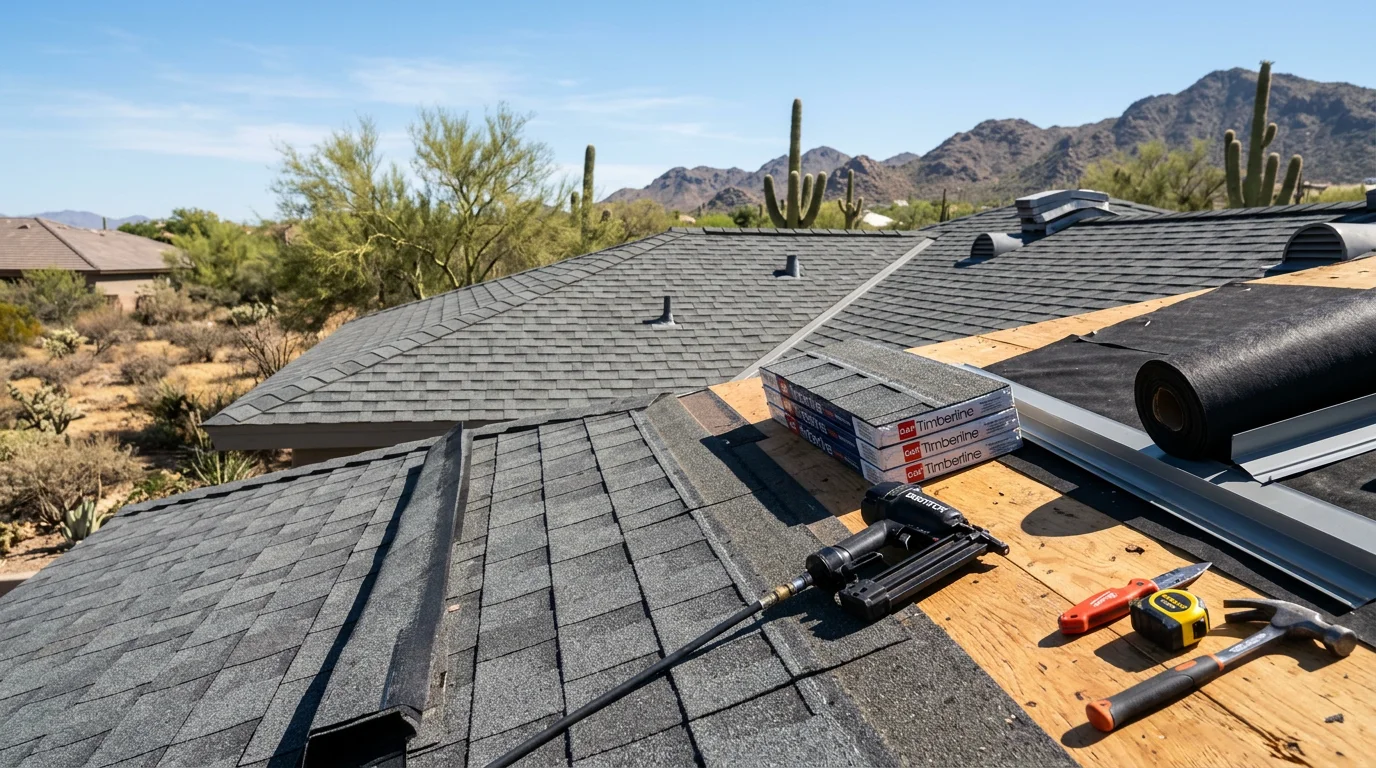 A Paradise Valley residential home with a newly installed composition shingle roof, showing clean ridge lines and uniform shingle courses under a clear Arizona sky. The roof pitch and desert landscaping reflect the typical single-family estate style found throughout the Paradise Valley area.
