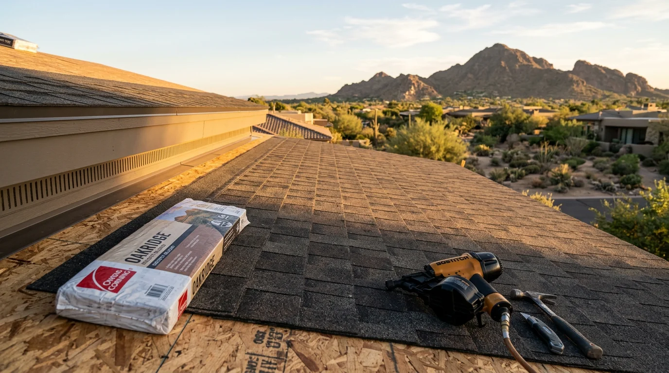 Newly installed composition shingles on a residential roof in Paradise Valley, Arizona, showing clean ridge lines and uniform granule coverage under bright desert sunlight. The finished roof sits against a clear blue Arizona sky with desert landscaping visible in the foreground.