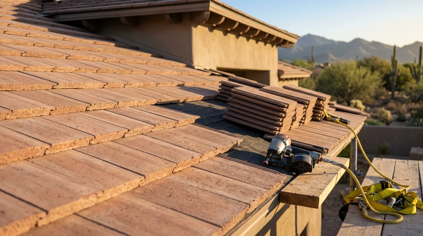 Concrete roof tiles installed on a Paradise Valley home with a stucco exterior, photographed under clear Arizona sky. The tile profile and desert-toned color complement the home's Southwest architectural style.