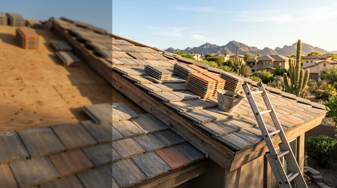 A Paradise Valley home with a concrete tile roof installed by Irish Roofing Company, showing the tile profile against a clear Arizona sky. Close view of the concrete tile surface highlights the texture and condition of a properly installed desert roof system.