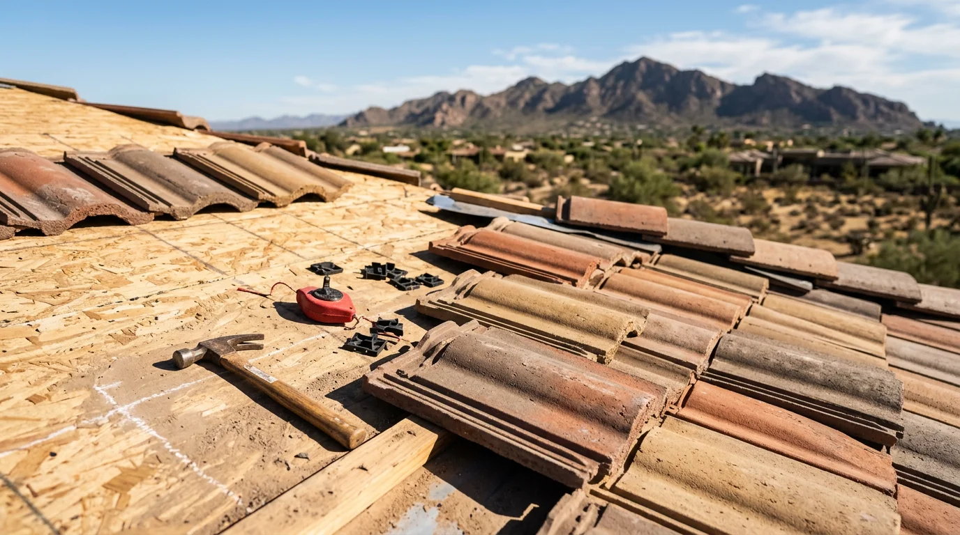 A Paradise Valley home with a freshly installed concrete tile roof in an earth-tone profile, set against a clear Arizona sky. The contoured tiles follow the roofline of a Spanish-style residence surrounded by desert landscaping.