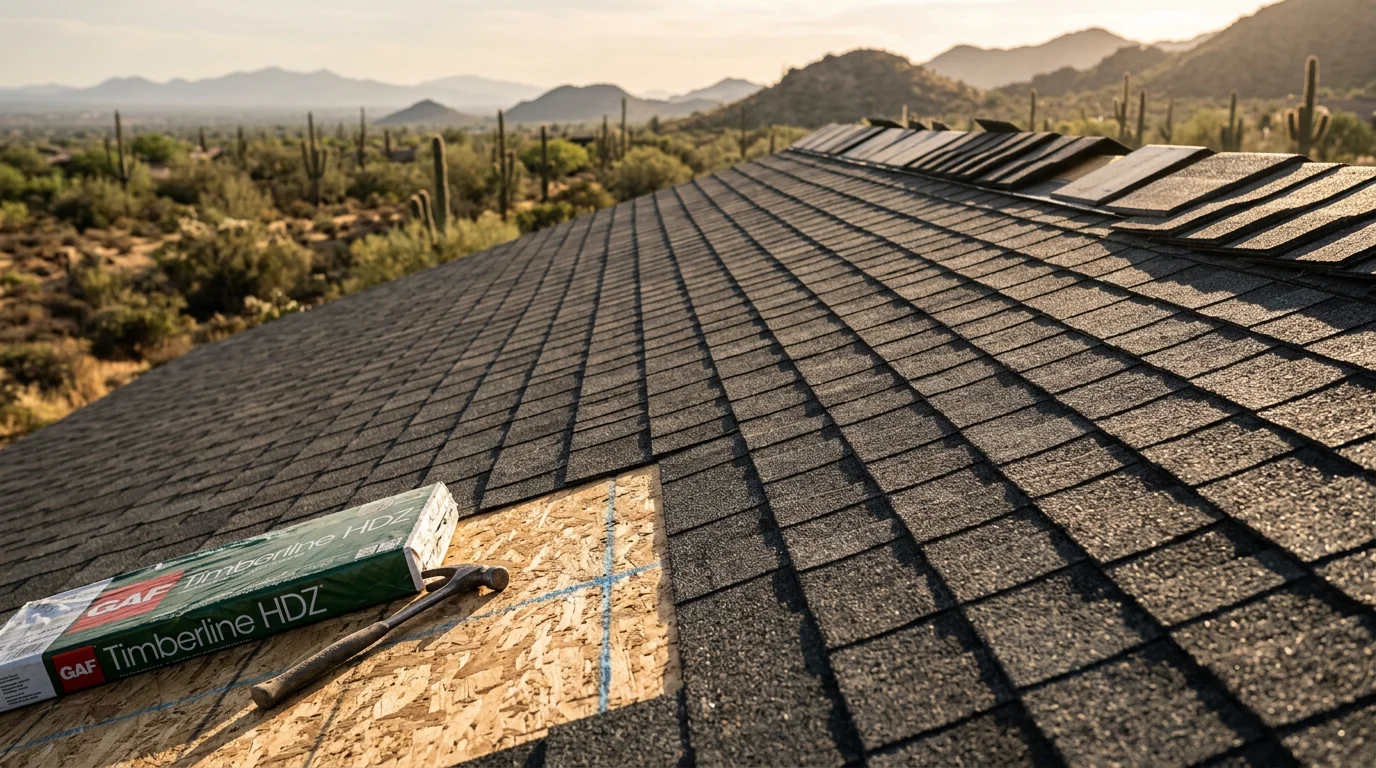 Dimensional shingle roof installation on a pitched residential roofline in Paradise Valley, Arizona, showing the layered texture and shadow lines of the finished shingles under clear desert sky. Close-up view of the ridge cap and field shingles on a custom home with a multi-gable roofline.