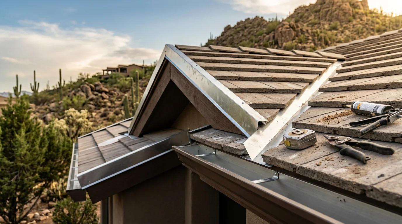 Close-up of metal drip edge flashing installed along the eave of a residential roof in Paradise Valley, Arizona, with tile roofing visible above and a gutter below. The flashing directs water away from the fascia board and into the gutter channel.