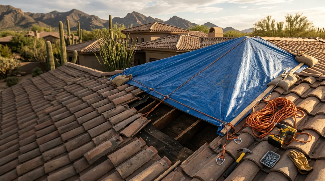 A heavy-duty tarp secured over a storm-damaged tile roof section on a Paradise Valley residential property, with the roof ridge line and desert landscape visible in the background. The tarp covers an area where monsoon wind displaced tiles, protecting the underlayment and interior from further water intrusion.