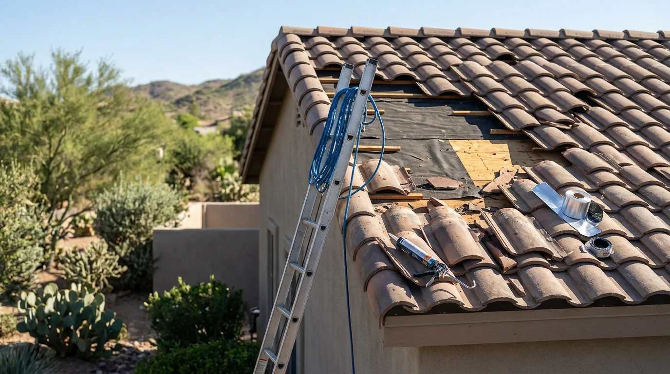A Paradise Valley residential roof showing storm-damaged tiles and exposed underlayment following a monsoon event, with an Irish Roofing Company crew conducting an emergency damage assessment on the slope.