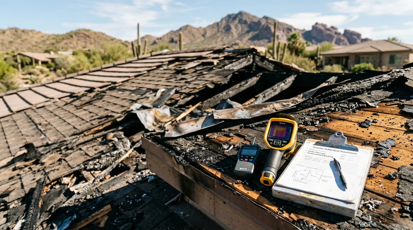 A Paradise Valley home roof showing fire and heat damage to the decking and underlayment, with a roofing contractor assessing the burned and compromised sections. Close-up view of charred roof framing and missing surface material in an Arizona desert residential setting.