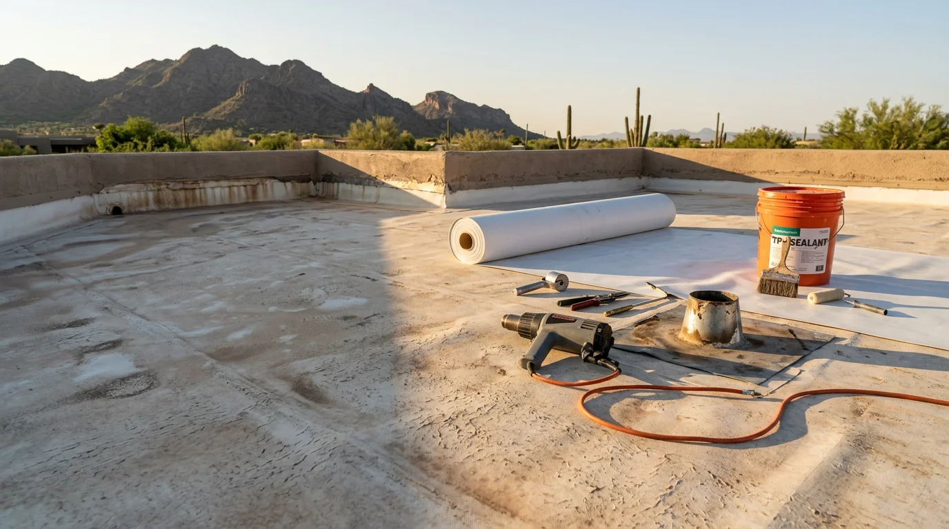 A flat roof section on a Paradise Valley residential property showing a completed membrane repair with sealed seams and cleared roof drains. The surrounding desert landscape and clear Arizona sky are visible in the background.